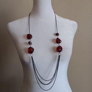 Whimsigoth Black Chain Iridescent Red Chunky Bead Layered Necklace, Gothic Witch